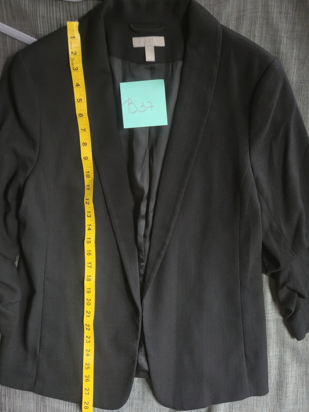 H&M Women's Black Open Front Lined Blazer Ruched 3/4 Sleeve Regular Fit L EUR 46
